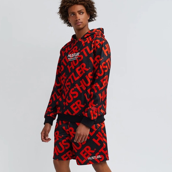 Mens Red/Black Hustler Hoodie and Short Set - Size L - Picture 4 of 12
